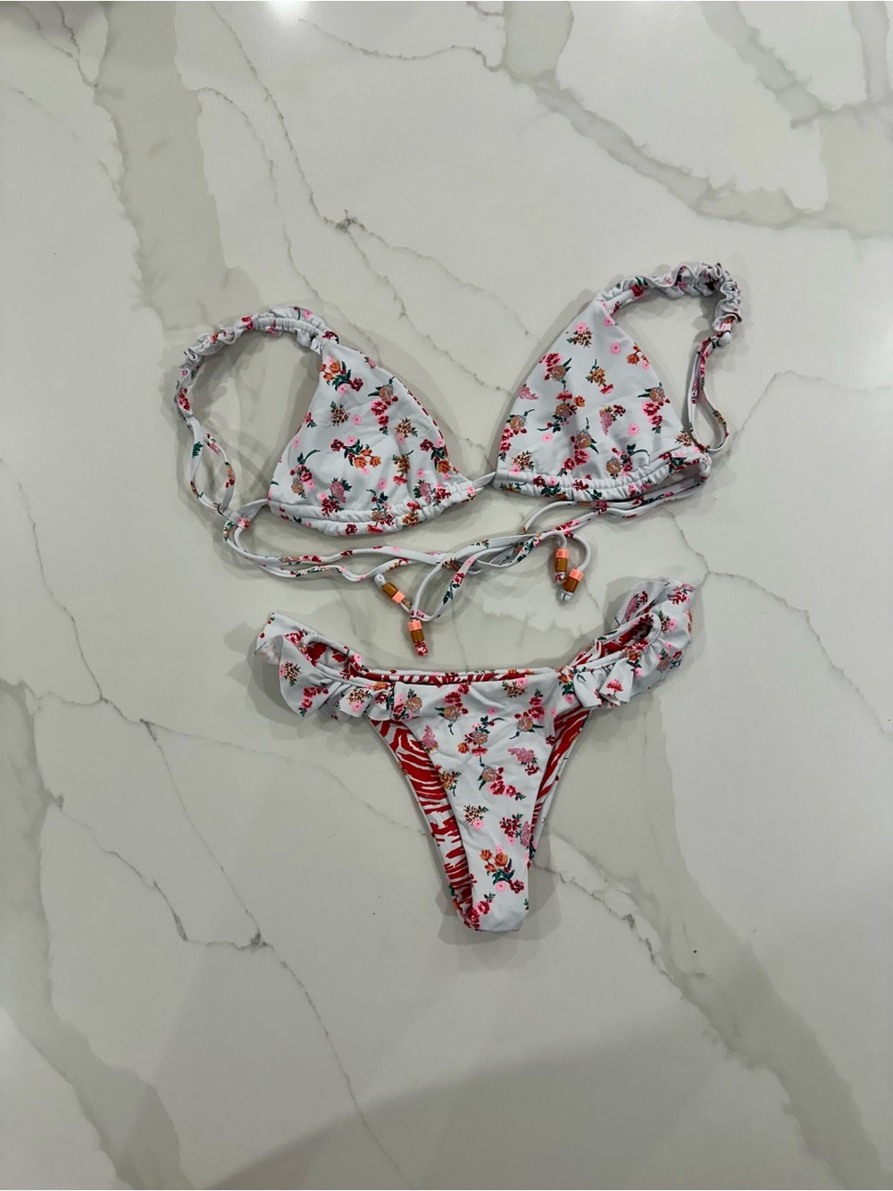 Maaji White Floral Ruffle Triangle Bikini with Pink and Red Accents